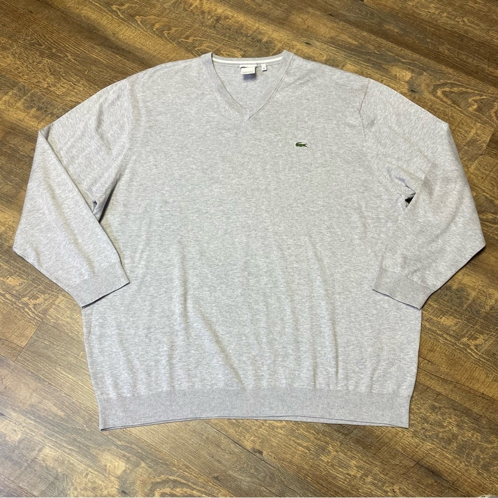 Lacoste Sweater Mens Size 10L 1XG Gray Long Sleeve Pullover V-Neck Croc Casual